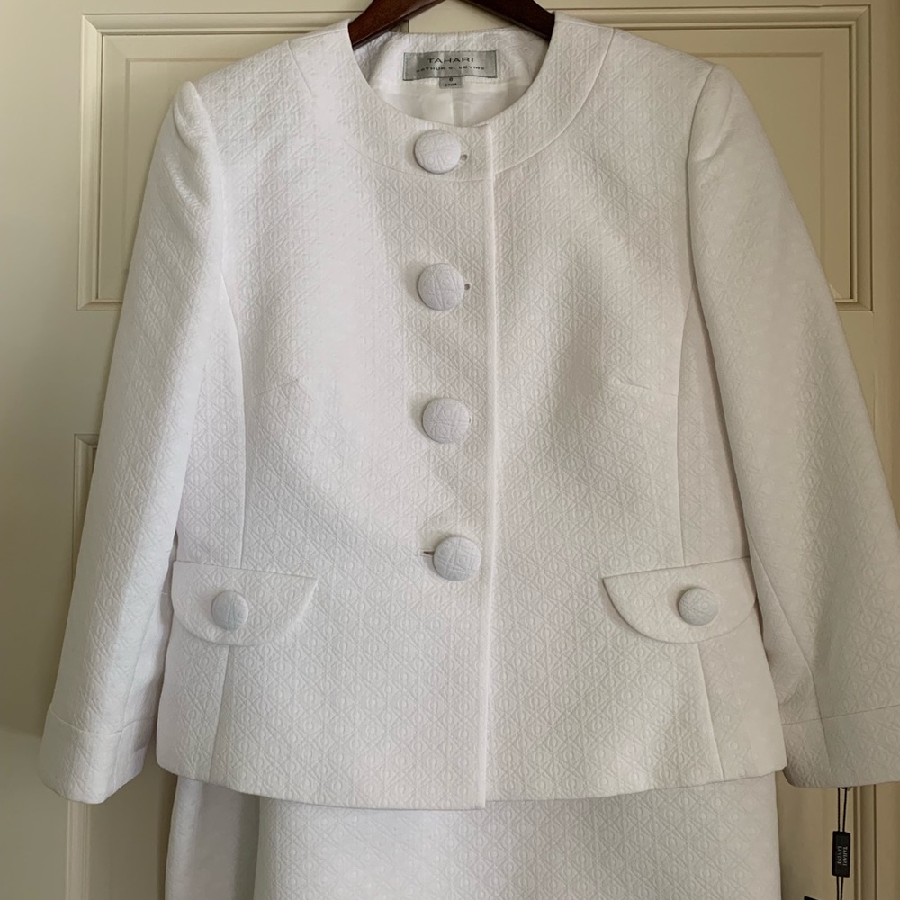 White jewel-neck suit with skirt